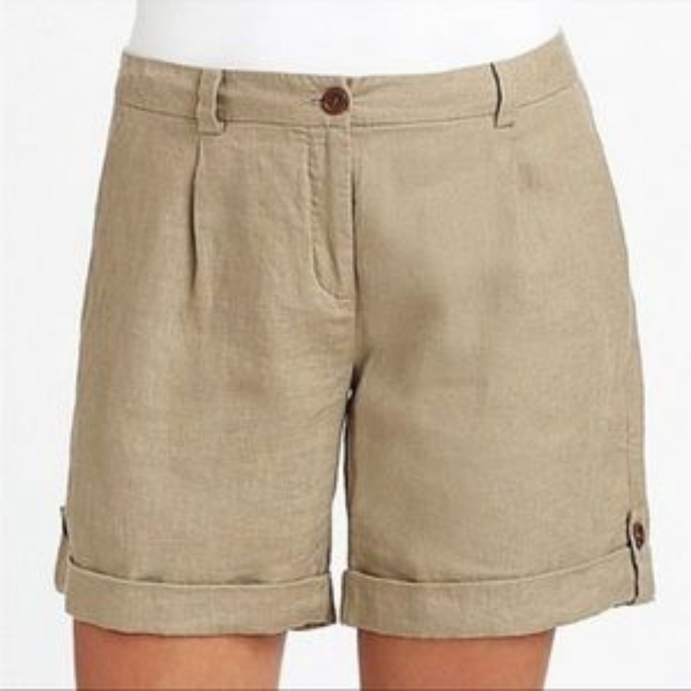 Eileen Fisher Khaki Linen-Cotton Roll-Cuff Shorts